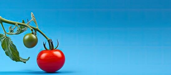 Sticker - The left side of the image features a fresh cherry tomato with its stem standing out against a blue background offering room for additional content
