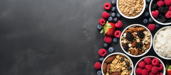 Aufkleber - Top view of a collection of bowls filled with granola yogurt and berries placed on a grey background A visually appealing copy space image illustrating a variety of breakfast options to choose from
