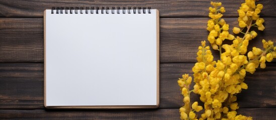 Sticker - Copy space image of yellow barberry flowers and a blank notepad placed on a rustic wooden background