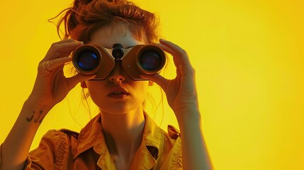 Wall Mural - Woman with Binoculars on Yellow. copy space for text.