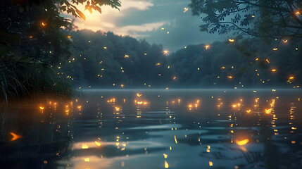 Wall Mural - A serene lakeside scene where fireflies hover above the waters surface, their soft glow reflected in the rippling waves as