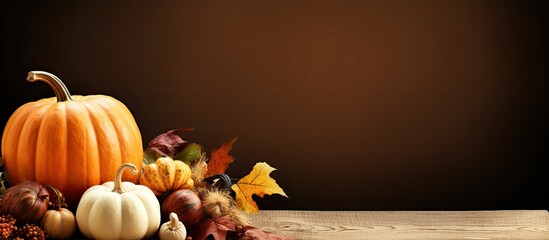 Wall Mural - Festive autumn thanksgiving table with blank menu invite card and pumpkins providing a copy space image