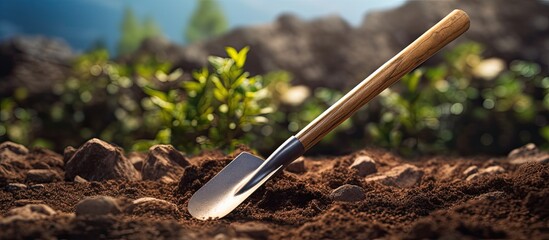 Sticker - Gardening tool being used to shovel soil outdoors creating ample space for text in the image