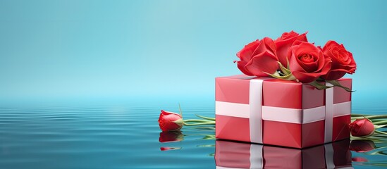 Fototapete - Image of a gift box adorned with a red bow set against a vibrant blue background with ample space available for text