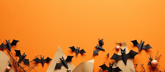 Poster - From above there is a view of a bulletin board decorated with spooky wooden blocks and paper bat mice on an orange background The image provides copy space and conveys the concept of the Halloween ho