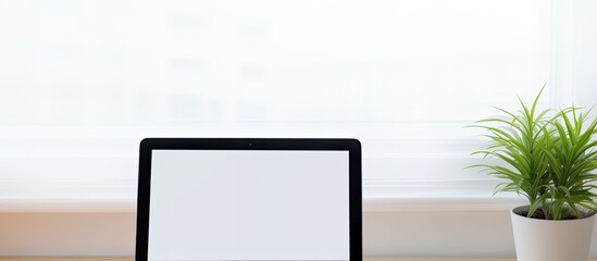 Leinwandbilder - Top view of a white office desk with a tablet displaying a blank screen perfect for showcasing your application The image has ample copy space and is positioned in a flat lay style