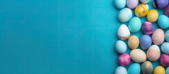 Sticker - A vibrant Easter themed background with a collection of multi colored eggs arranged on a blue table A banner is included offering copy space for text The image is taken from a top down perspective