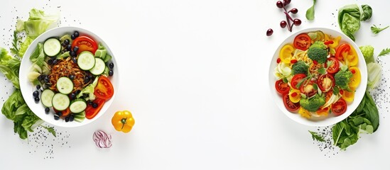 A flat lay copy space image of fresh vegetable salads on a white wooden table The top view showcases two vegetarian side dishes leaving enough space for text It represents the concept of a restaurant