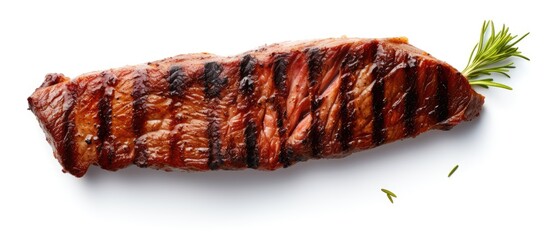 Wall Mural - Close up copy space image of grilled meat isolated on a white background offering a top view perspective