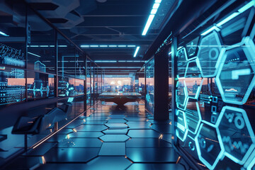 Wall Mural - Futuristic cybersecurity hub with hexagonal interfaces, showcasing advanced connectivity technology 