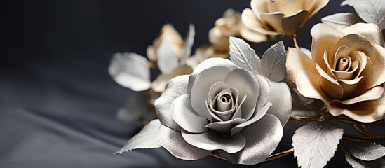 Fototapete - A stylish bouquet of metal flowers with a metallic steel or golden color creating an everlasting beauty This close up copy space image captures the fashion and beauty of these beautiful silver flower
