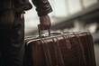 Person holding the handle of a leather suitcase, capturing the essence of travel