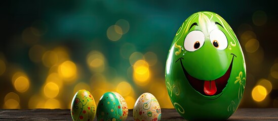 Sticker - A brightly decorated Easter egg with a playful and cheerful expression positioned beside a green egg carton The image has ample space for additional content