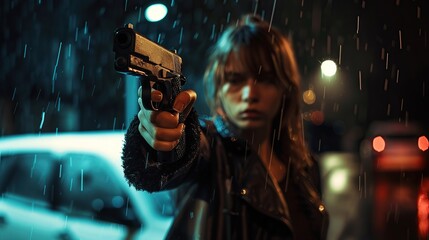 Wall Mural - Young woman in black jacket points gun in rain, police officer or killer holding weapon at night. Female detective with pistol on dark street. Concept of spy, thriller movie. copy space for text.