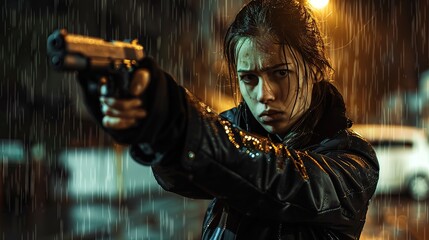 Wall Mural - Young woman in black jacket points gun in rain, police officer or killer holding weapon at night. Female detective with pistol on dark street. Concept of spy, thriller movie. copy space for text.