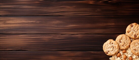 Fototapete - A close up view of oatmeal cookies with peanuts on a dark wooden table seen from the top with ample copy space in the image