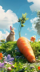 Wall Mural - Illustration of a giant carrots and cute rabbits. A giant carrots is lying on the grass.