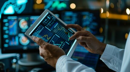 Poster - A financial analyst examining a digital tablet with various business graphs, conducting in-depth research for investment recommendations.