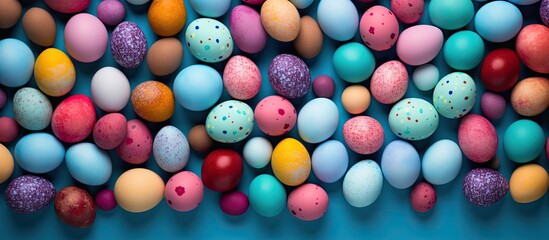 Aufkleber - A colorful background sets the stage for stunningly painted Easter eggs in a flat lay composition offering plenty of copy space for text