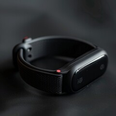 Fototapete - A detailed view of a smart watch placed on a dark black surface, showcasing its sleek design and technology features.