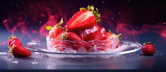 Canvas Print - A dish with frozen strawberries displayed on it creating a colorful and appetizing copy space image