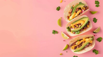 Wall Mural - Simple tacos flat bread with avocado and meat simple snack copy space
