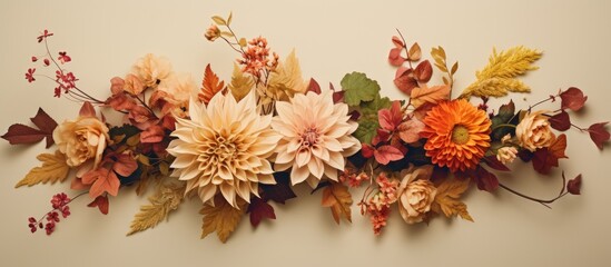 Aufkleber - A stunning autumn arrangement of flowers and leaves beautifully arranged in the garden captured from above The composition appears as a flat layout with a copy space image set against a beige backgro