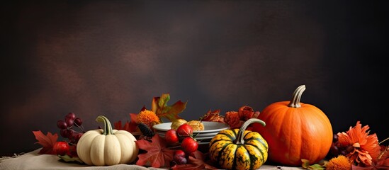 Wall Mural - Festive autumn thanksgiving table with blank menu invite card and pumpkins providing a copy space image