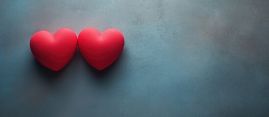 Poster - Two red heart shaped objects placed on a textured surface with empty space around suitable for adding any desired image or text. Creative banner. Copyspace image