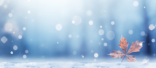 Fototapete - Abstract blurred snowy winter background with glowing leaf backdrop and snowflakes perfect for copy space image