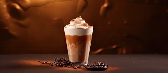 Leinwandbilder - A milk chocolate cocktail or whipped coffee with milk and ice adorned with cocoa powder on a contrasting background with ample space for text or other images