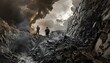 Coal miners at work in a deep mine, juxtaposed with effects of global warming on the surface, such as extreme weather
