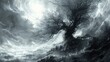 A tree is shown in the middle of a stormy sky. The sky is dark and cloudy, and the tree is surrounded by water. Scene is ominous and foreboding, as if something terrible is about to happen