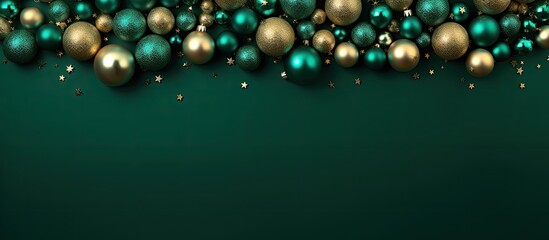 Poster - A festive Christmas background with shiny balls on a green backdrop perfect for flat lay and top view photography Plenty of copy space available
