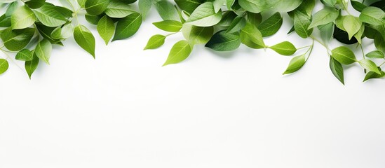 Leinwandbilder - A frame of green leaves scattered on a white background creates a universal floral layout offering a place for text such as a copy space image