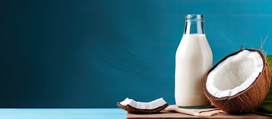 Aufkleber - A front view of a healthy vegan milk bottle placed on a wooden plate with half coconuts a palm branch and a blue background Perfect for use as a copy space image