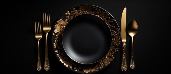 Poster - On a black background there is a set of elegant black and gold cutlery including a spoon fork and knife The clean empty black plate adds a touch of luxury to the table setting This top view image pro