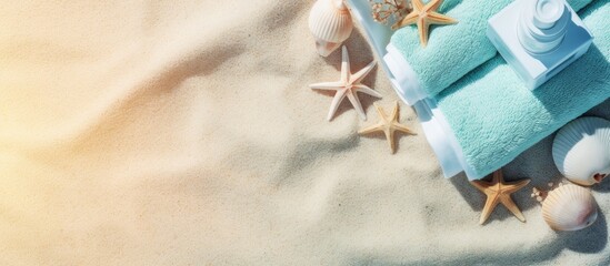 Aufkleber - Top view image of beach accessories and towel perfect for a summer vacation concept Copy space available for text enhancing the travel concept