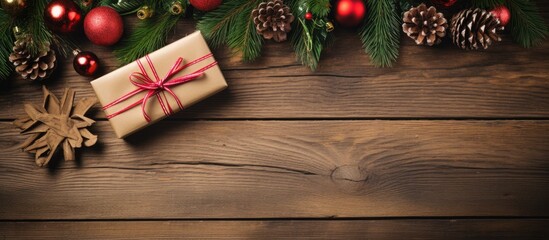 Poster - Top view image of a Christmas greeting card featuring a beautifully arranged present box gifts fir tree cone and candy canes on a wooden background allowing for copy space