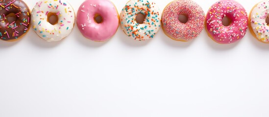 Poster - A copy space image of vibrant donuts with a variety of icings colorful sprinkles and the word donuts written on a white background