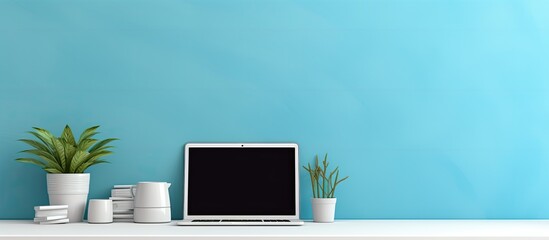 Aufkleber - A modern creative workspace with a blue background is depicted in the copy space image featuring a laptop with a white screen resting on a white table in the home office of a creative entrepreneur