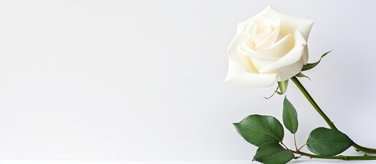 Wall Mural - An artificial white rose flower with a clean and minimalist aesthetic set against a simple white background creating a visually pleasing copy space image
