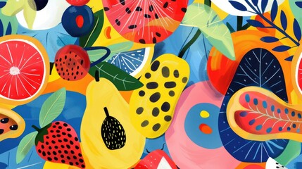A creative art piece showcasing colorful fruit including watermelon Citrullus on a vibrant blue background. The artwork features a pattern of circles and vibrant colors AIG50