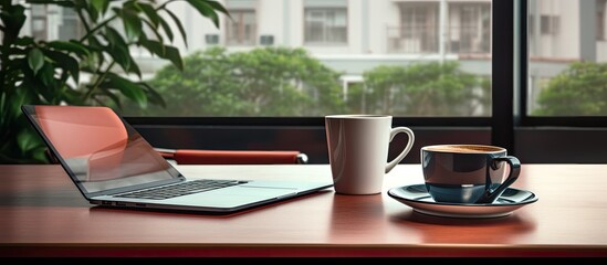 Poster - A workplace featuring a desk with a digital tablet and a coffee cup providing a copy space image