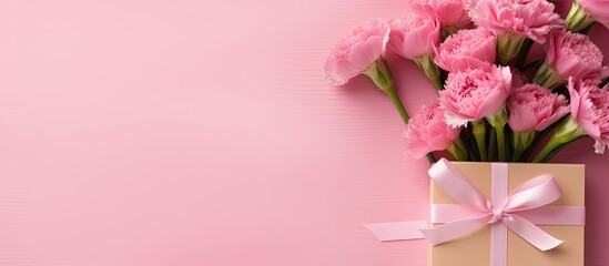 Poster - A top down view of a holiday greeting gift with a bouquet of carnations on a bright pink table serves as a Mother s Day background Copy space image