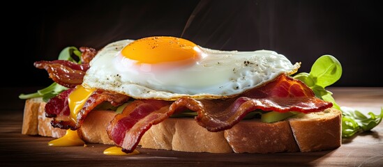 Poster - A mouthwatering homemade sandwich filled with a perfectly cooked sunny side up egg crispy bacon and served on toasted bread ready to be devoured copy space image