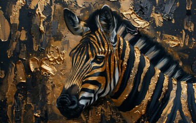 a black canvas painted with a zebra in gold oil paints, home decor