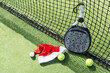 Christmas Open Padel Tournament. Poster for social networks for New Year's games. Padel tennis racket on tournament. paddle racket on court 