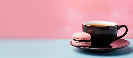 Sticker - Colorful macaroon isolated on a pink background with a vintage pastel colors tone Displaying exquisite French cakes along with a black coffee cup with plenty of room for showcasing images or text