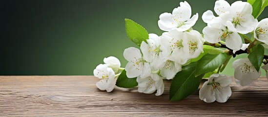 Aufkleber - A closeup of an apple tree branch in bloom showcasing its white flowers green leaves and a light wooden background The beautiful cherry blossom adds a decorative border to the spring nature frame per